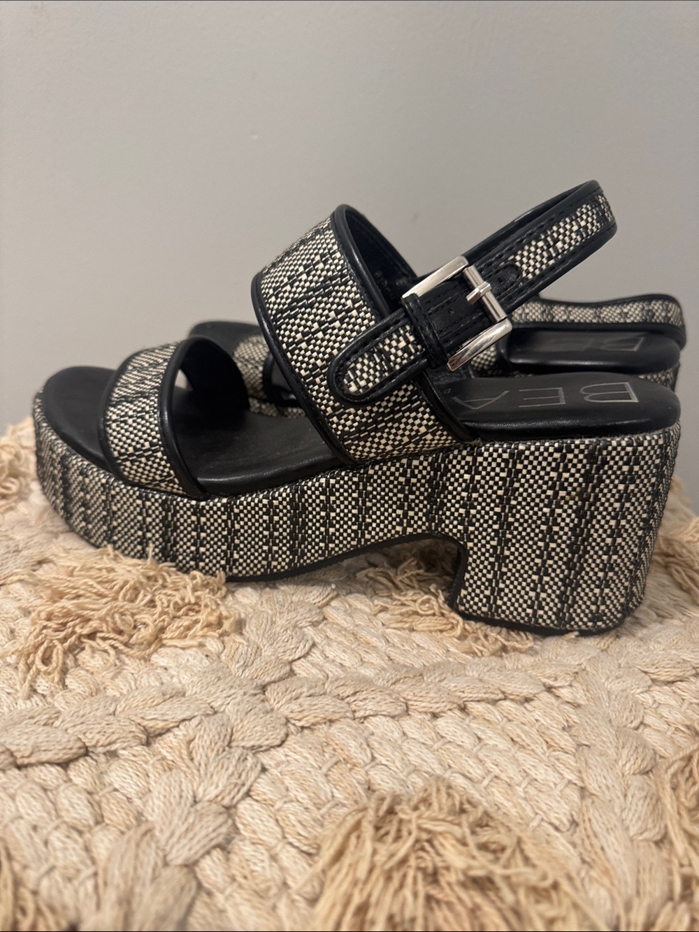 Textured Black & Cream Platform Sandals with Buckle Strap